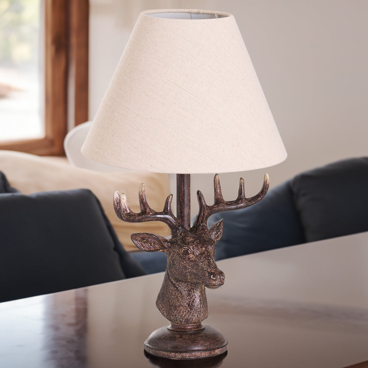 Stag Head Table Lamp With Linen Shade