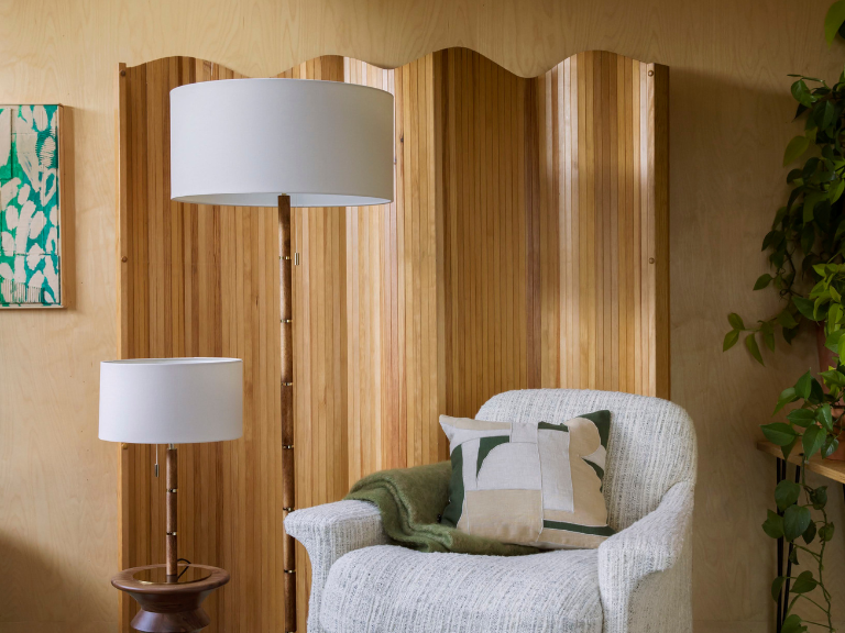 Wooden and Brass Disk Table Lamp