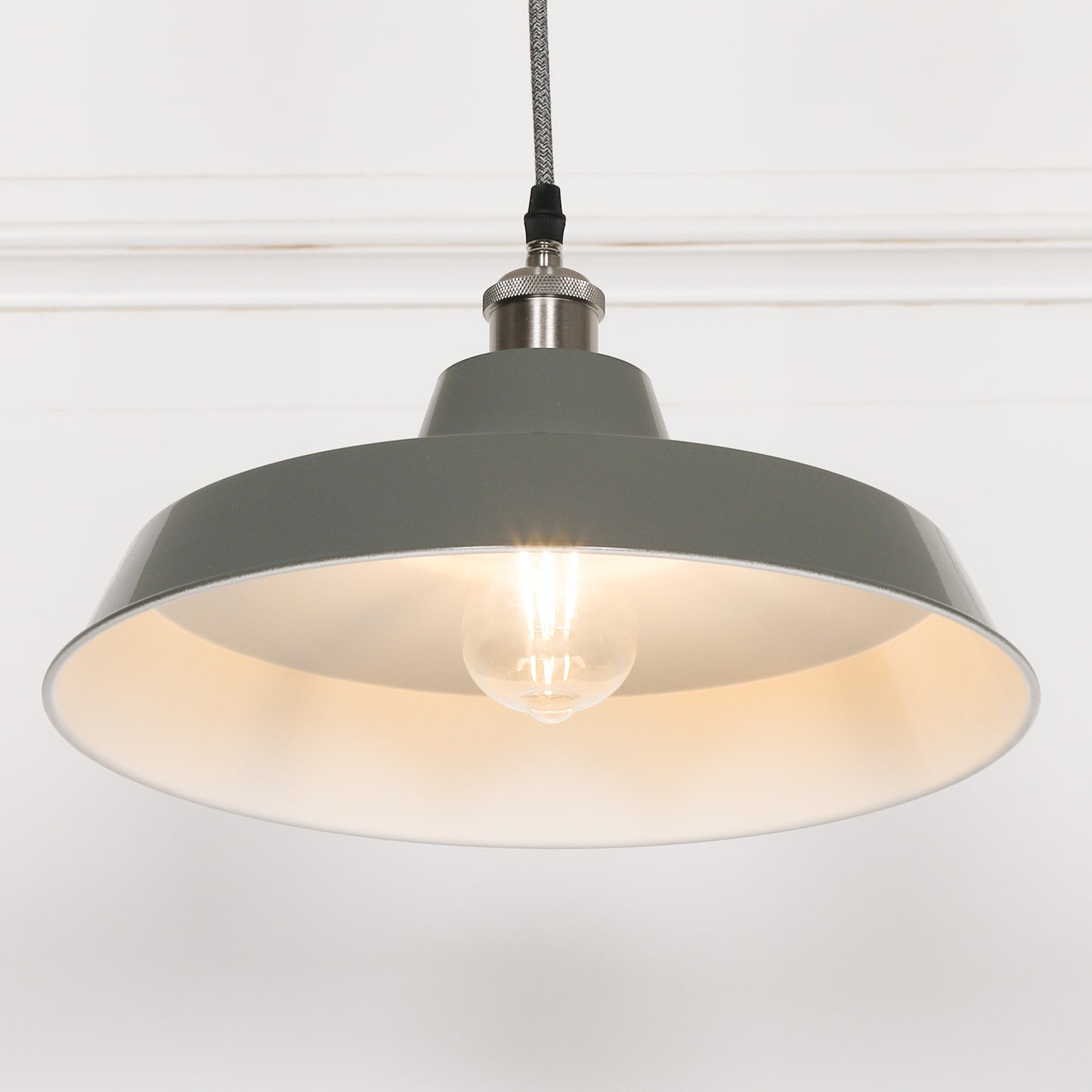 Factory Style Grey Enamel Painted Pendant Light - 36cm