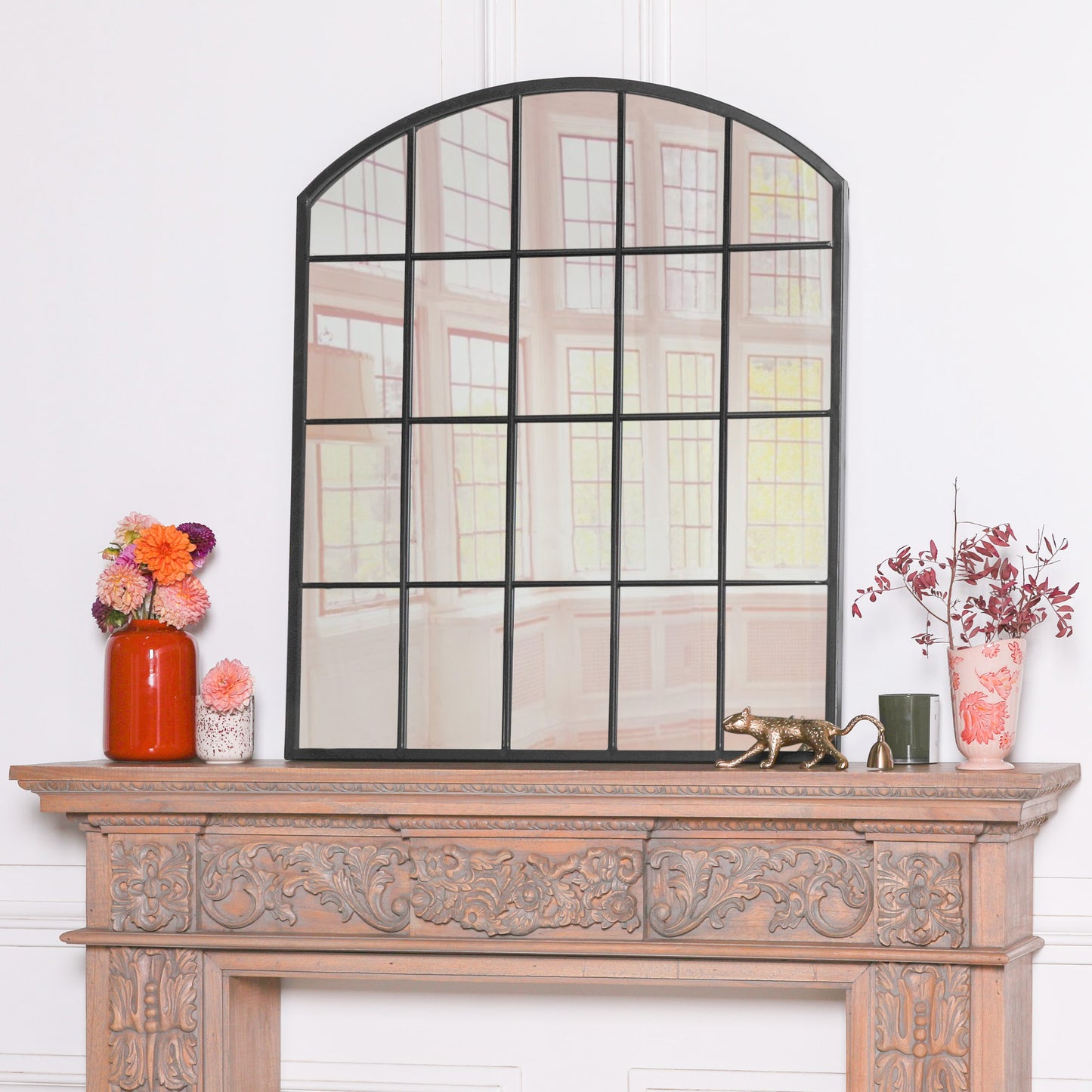 Black Arched Metal Window Mirror